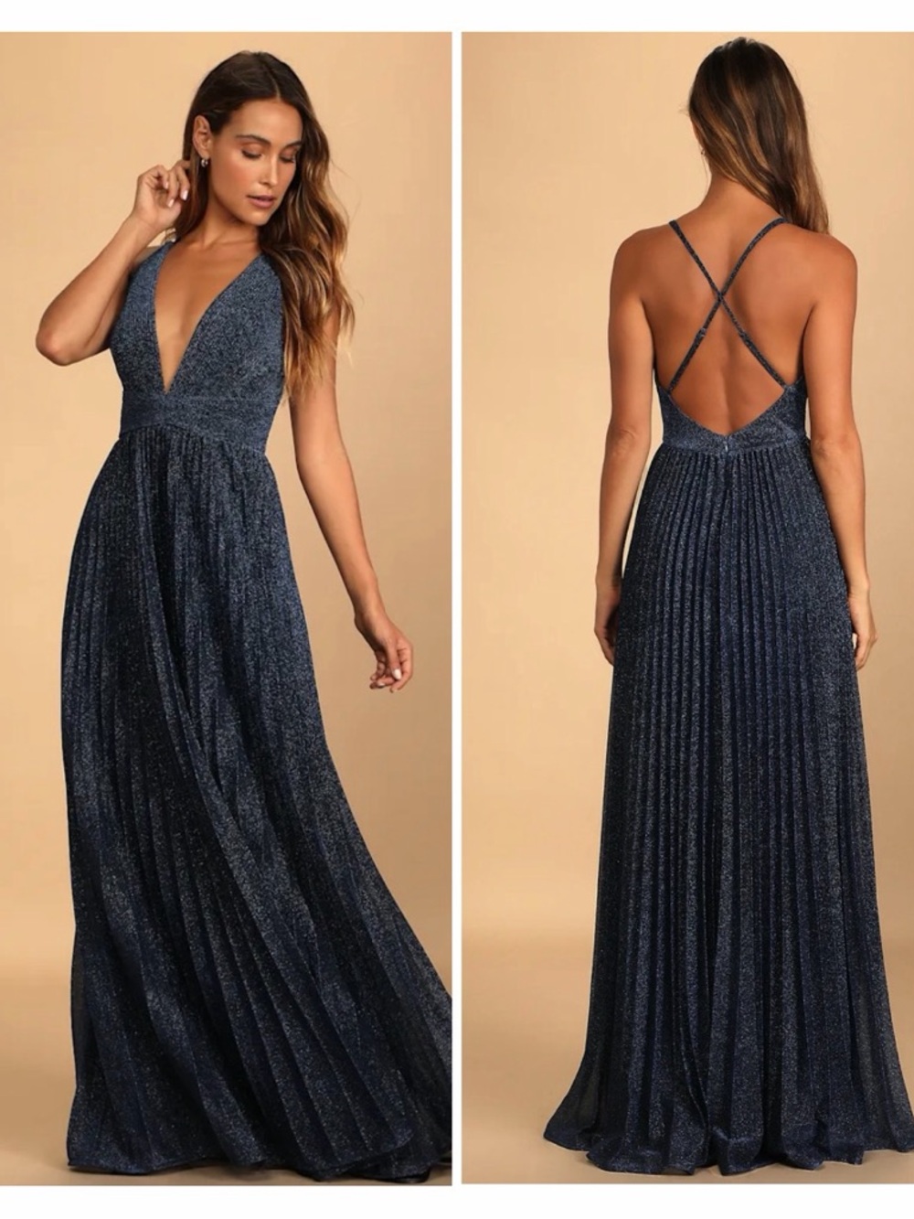 Lulus Especially Stunning Blue Sparkly Pleated Maxi Dress